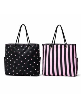 Victoria’s Secret Reversible Tote Bag Pink Stripe Floral Large Beach Bag